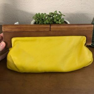 Melie Bianco yellow clutch, wood & like- leather